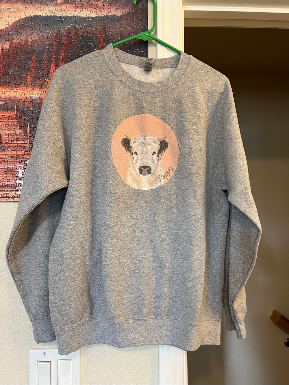 Gildan Gray Sweatshirt with Pink Circle Cow Graphic
